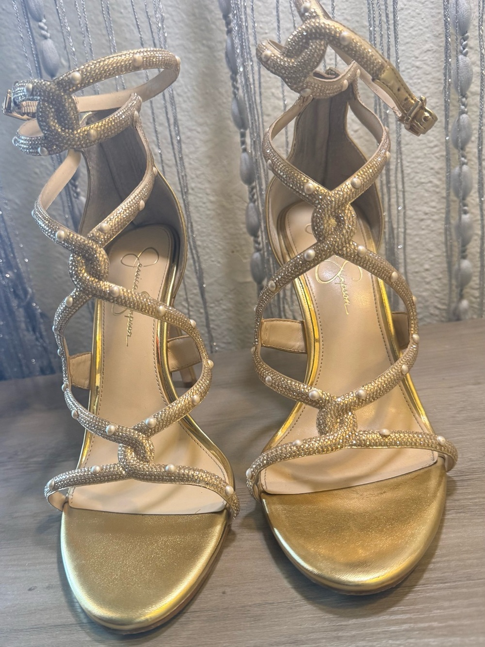 💋Very Very Sexy Jessica Simpson Gold Rhinestone Strappy Heels